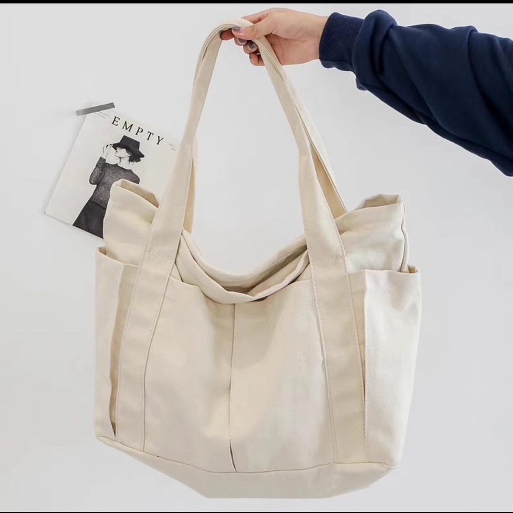 Vintage Style Canvas Tote Bag. Big Pockets.